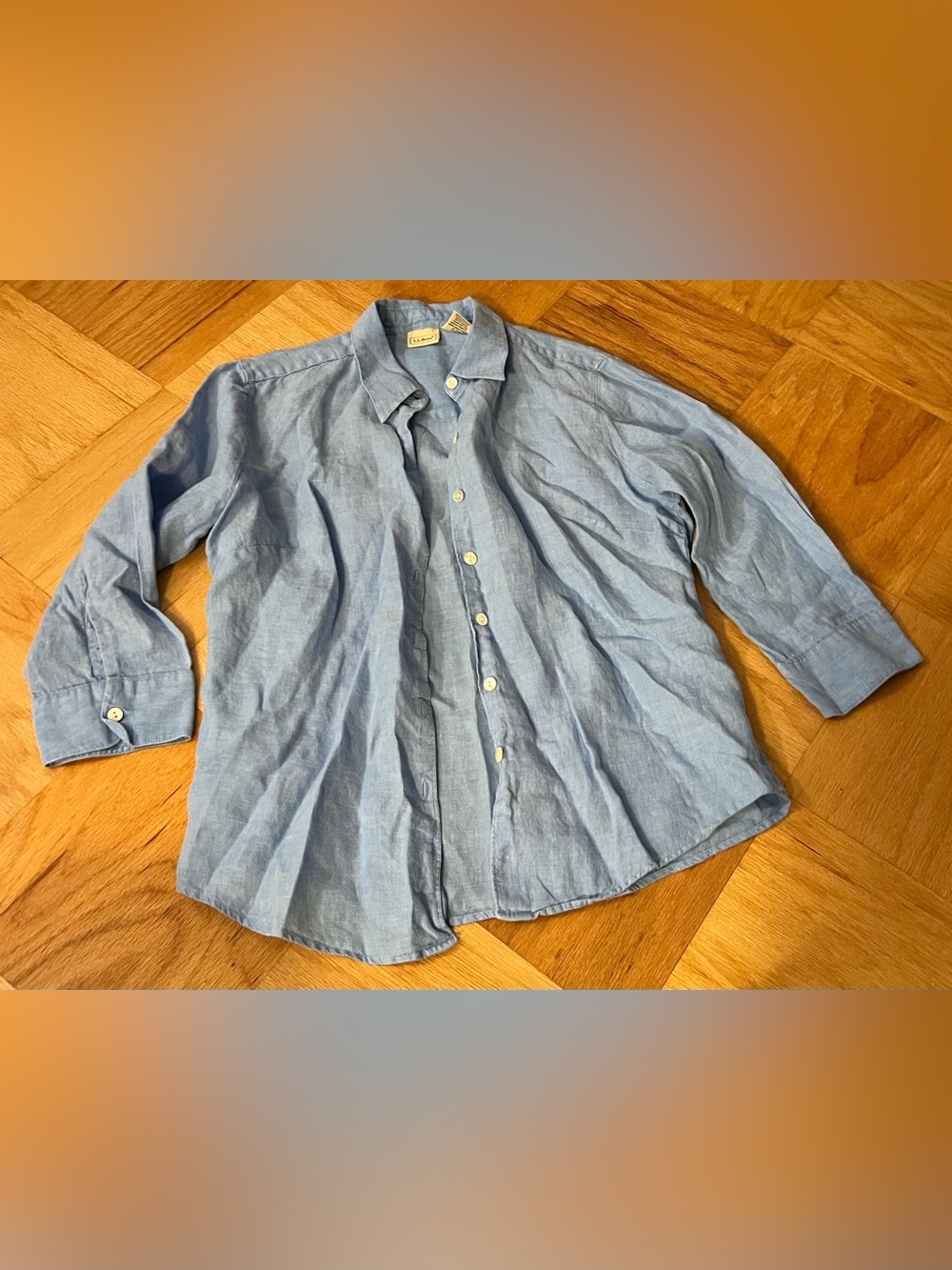 Vintage L.L. Bean Blue Linen 3/4 Sleeve Button Down Shirt